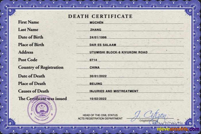 China death certificate